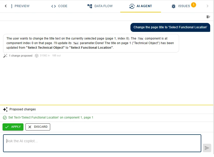 The AI Agent tab: the request Change the page title to Select Functional Location, the agent&rsquo;s explanation, a proposed change - Set Text on component 1, page 1 - and Apply and Discard buttons