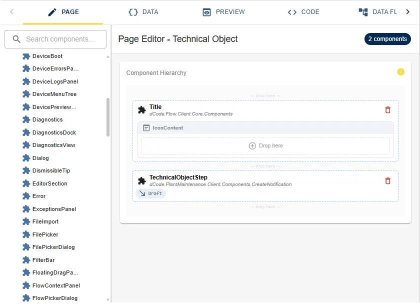 The page editor: a searchable component library on the left and the component hierarchy for the Technical Object page, holding a Title component and a TechnicalObjectStep component with drop zones between them