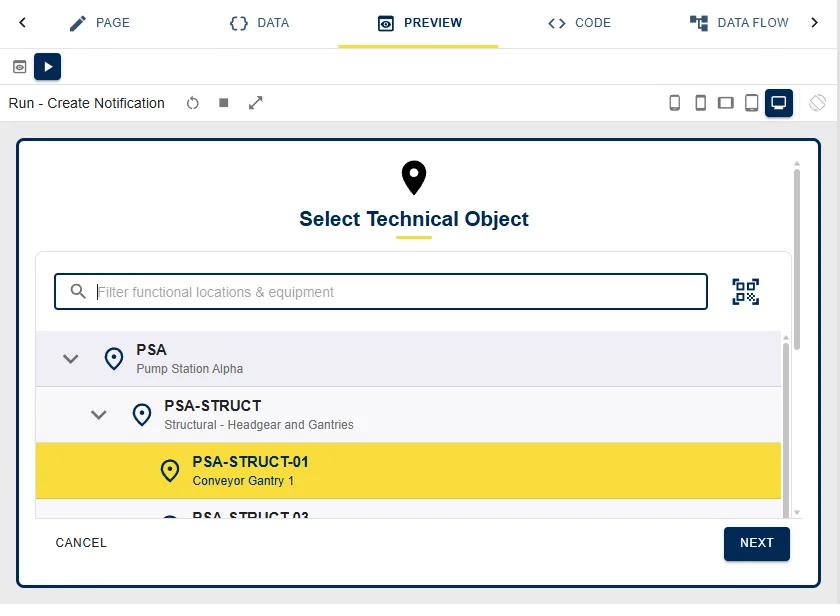 The preview tab running the Create Notification flow: Select Technical Object with a searchable functional-location tree - Pump Station Alpha, Structural, Conveyor Gantry 1 - and Cancel and Next buttons, with device-size toggles above