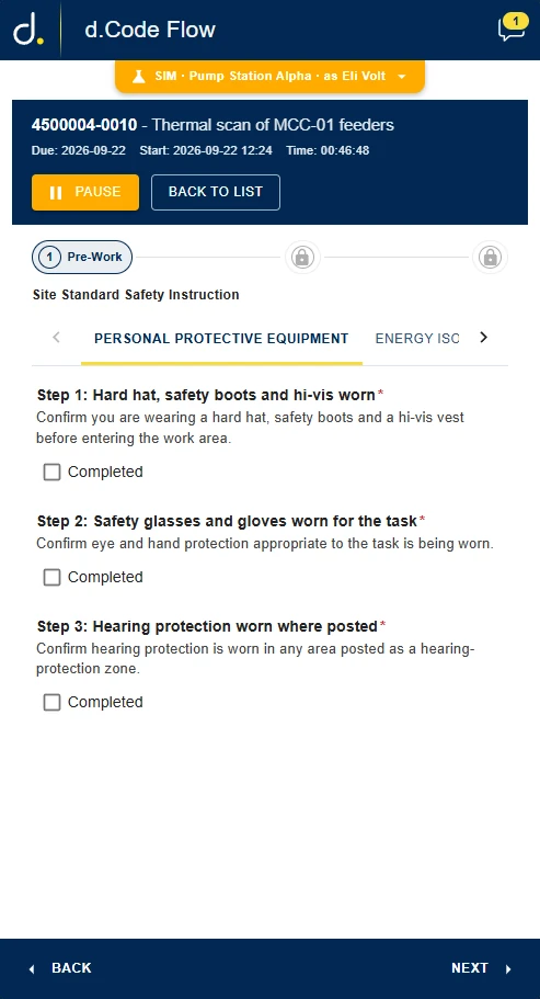 The same kind of flow running on a handheld: a work instruction with pre-work safety steps being ticked off, a running timer and Pause and Back to list controls