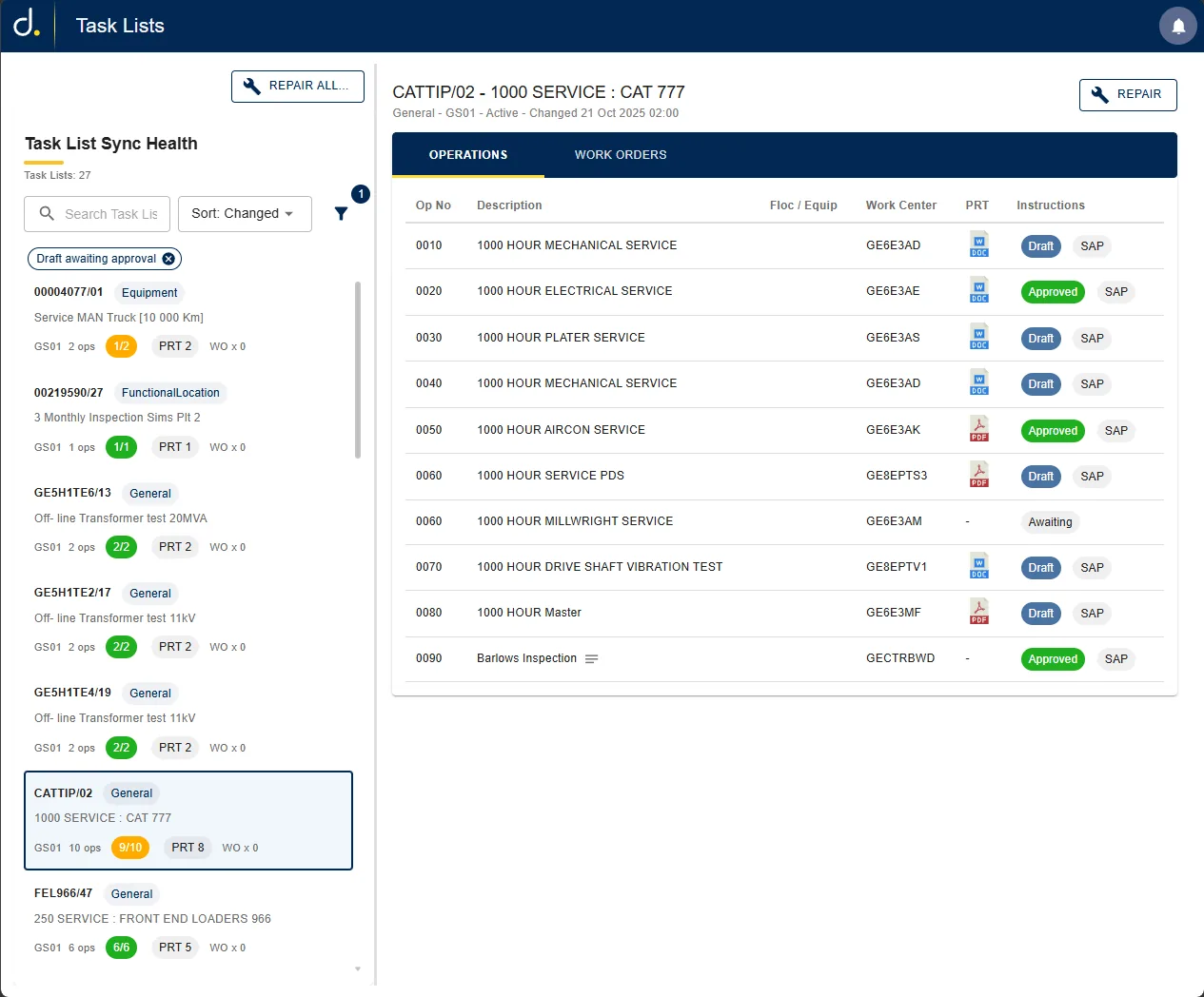Task List Sync Health: 27 task lists synced from SAP; CATTIP/02 1000 Service CAT 777 open with its operations, work centres, PRT documents and instruction status - Draft, Approved or Awaiting
