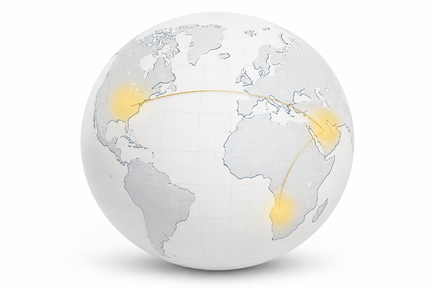 Globe illustrating d.Code's reach across Africa, the Middle East and North America.