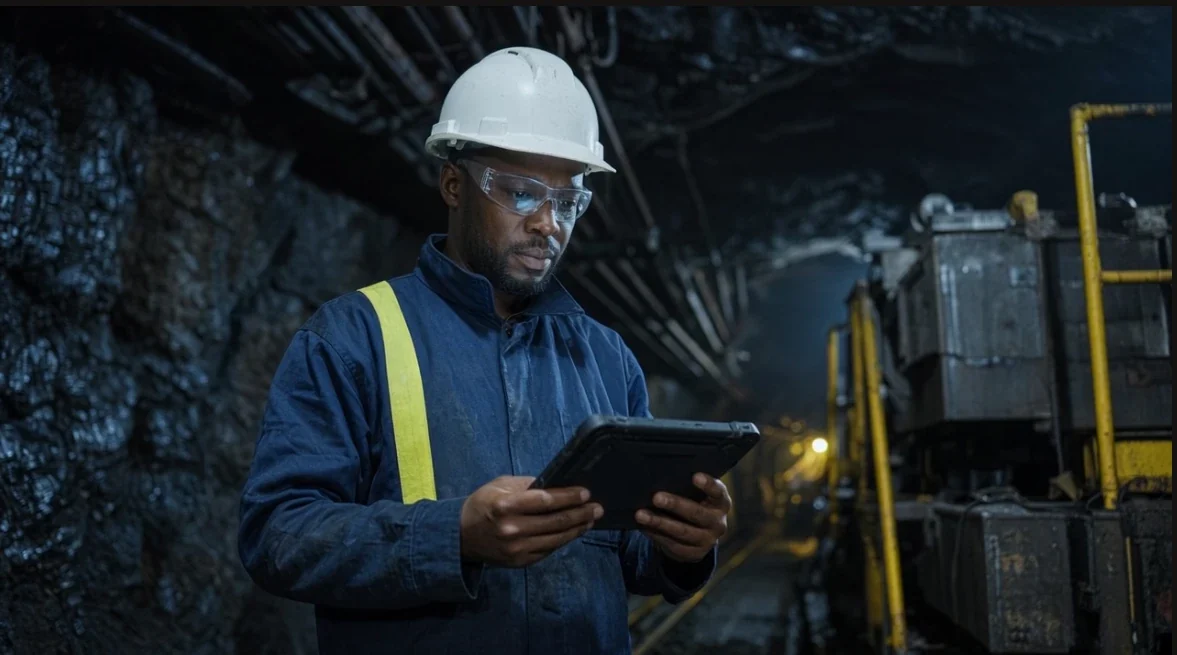 A technician in a hard hat and safety glasses reads a rugged tablet in an underground coal section, a shuttle car behind him