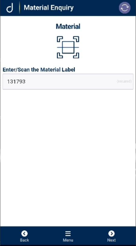 Material enquiry: enter material number.