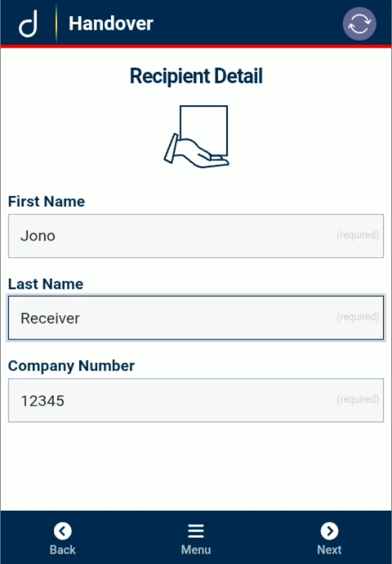 Delivery handover: enter recipient details.