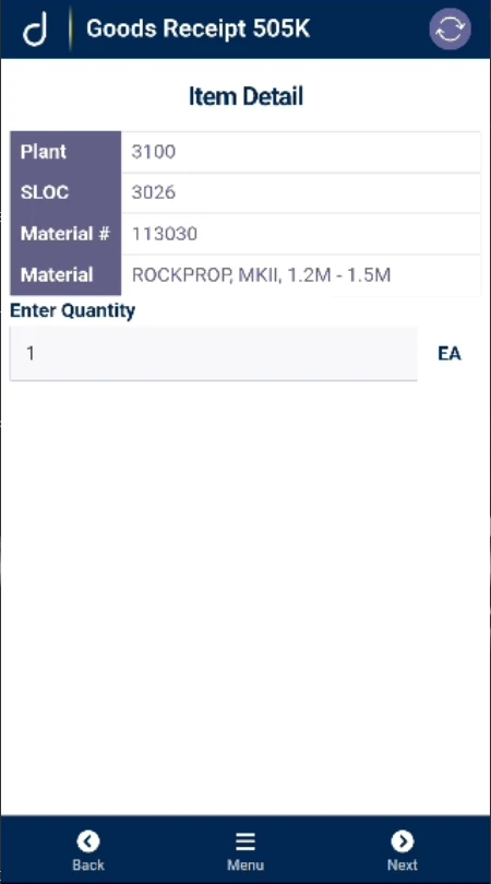 Goods Receipt 505K: review material and quantity.