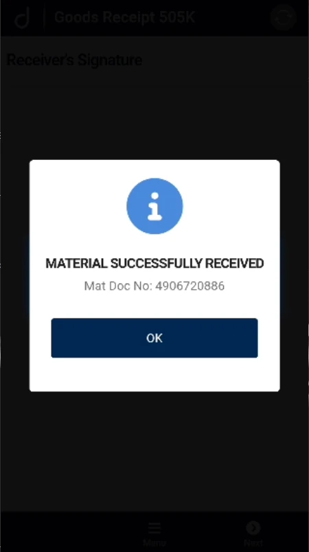 Goods Receipt 505K: successful receipt and material document.