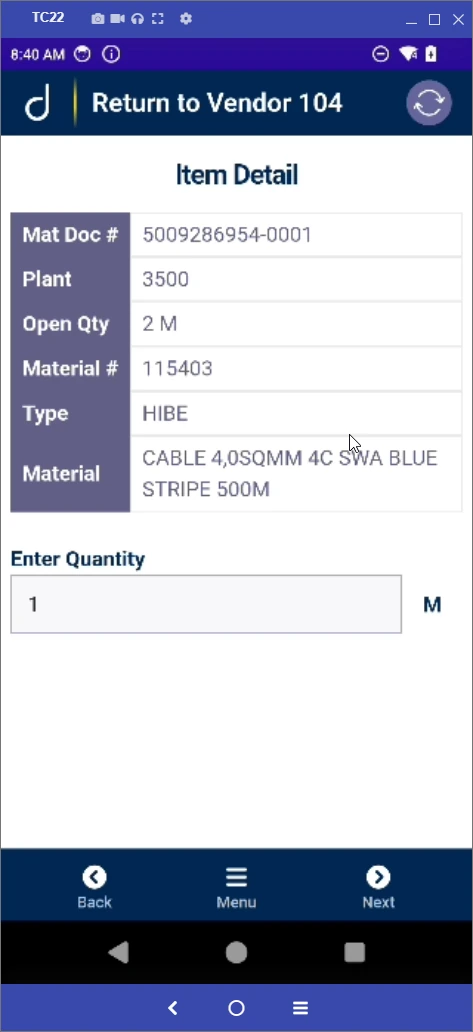 Return to vendor: enter return quantity.